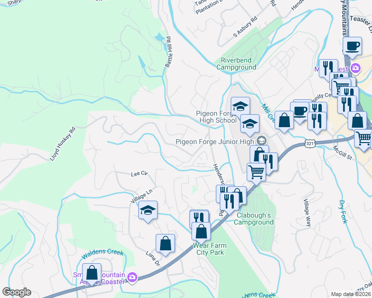 map of restaurants, bars, coffee shops, grocery stores, and more near 2708 Cobblestone Drive in Pigeon Forge
