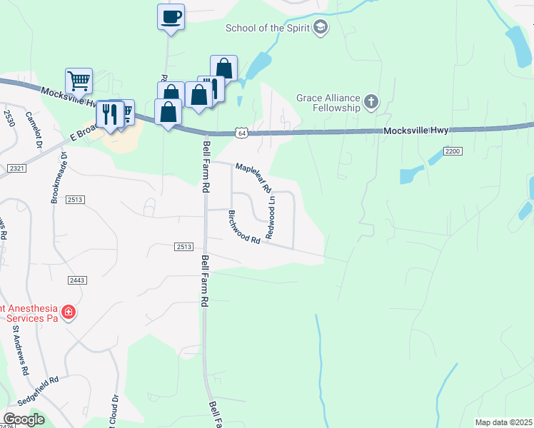 map of restaurants, bars, coffee shops, grocery stores, and more near 116 Redwood Lane in Statesville
