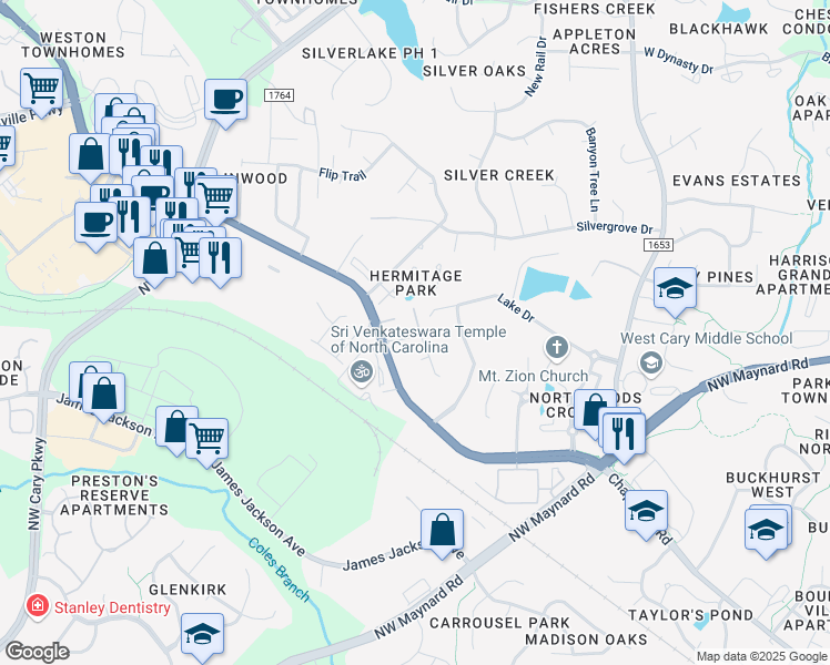 map of restaurants, bars, coffee shops, grocery stores, and more near 1103 Laurel Twist Road in Cary