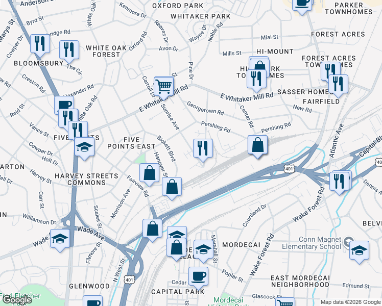 map of restaurants, bars, coffee shops, grocery stores, and more near 1526 Sunrise Avenue in Raleigh