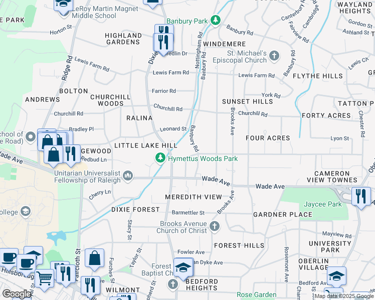 map of restaurants, bars, coffee shops, grocery stores, and more near 3010 Grant Avenue in Raleigh