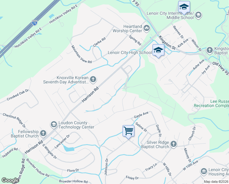 map of restaurants, bars, coffee shops, grocery stores, and more near 308 Glenridge Lane in Lenoir City