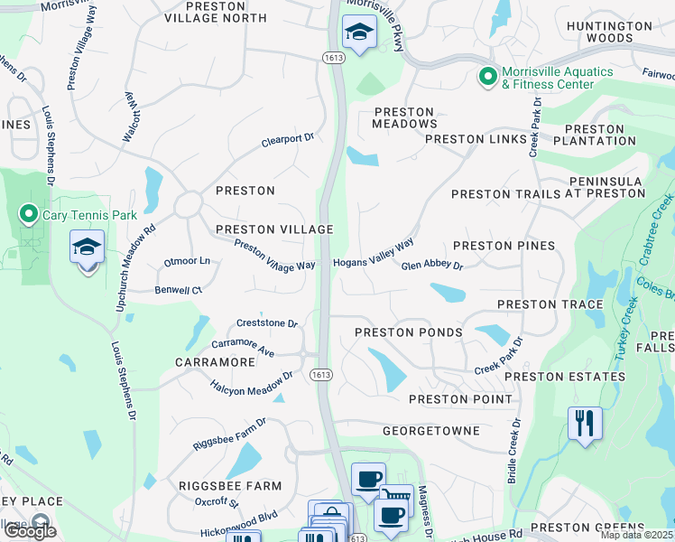 map of restaurants, bars, coffee shops, grocery stores, and more near 547 Calderbank Way in Cary