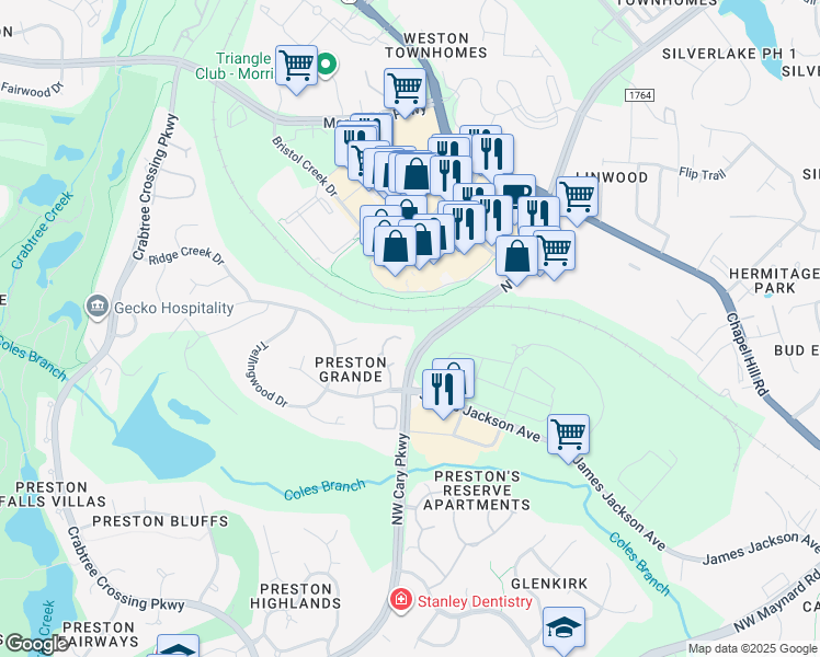 map of restaurants, bars, coffee shops, grocery stores, and more near 155 Grande Drive in Morrisville