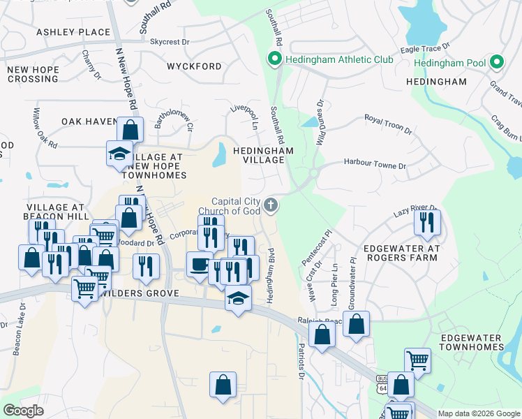 map of restaurants, bars, coffee shops, grocery stores, and more near 1640 Hedingham Boulevard in Raleigh