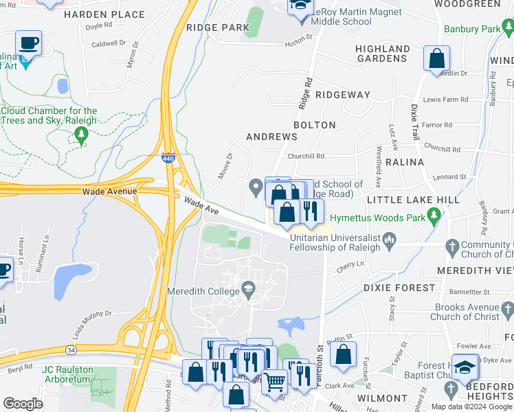 map of restaurants, bars, coffee shops, grocery stores, and more near 920 Marilyn Drive in Raleigh