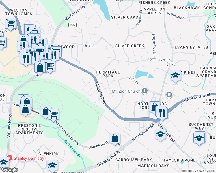 map of restaurants, bars, coffee shops, grocery stores, and more near 112 Lake Drive in Cary