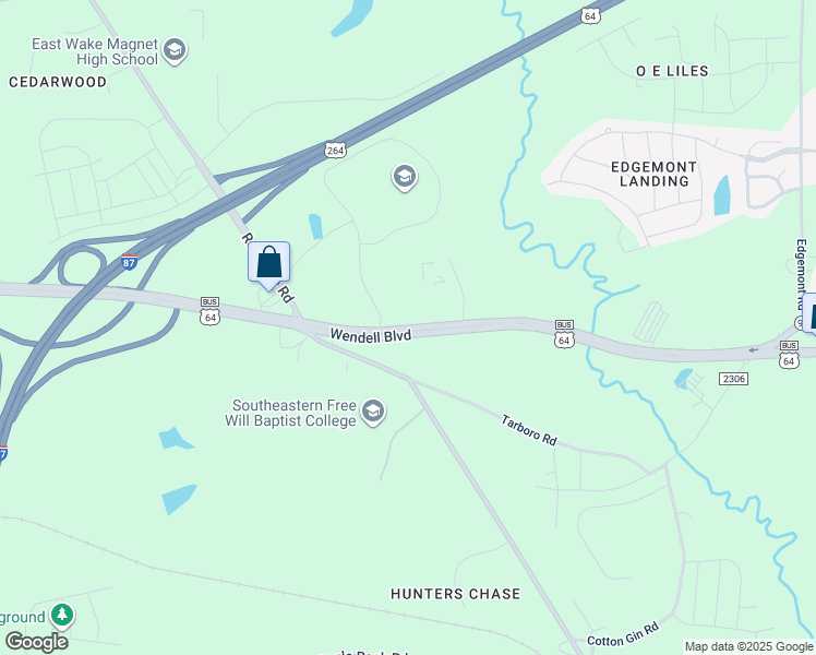 map of restaurants, bars, coffee shops, grocery stores, and more near 941 Wendell Boulevard in Wendell
