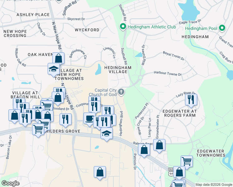 map of restaurants, bars, coffee shops, grocery stores, and more near 1640 Hedingham Boulevard in Raleigh