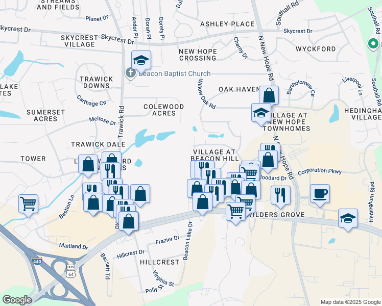 map of restaurants, bars, coffee shops, grocery stores, and more near 1605 Beacon Valley Drive in Raleigh