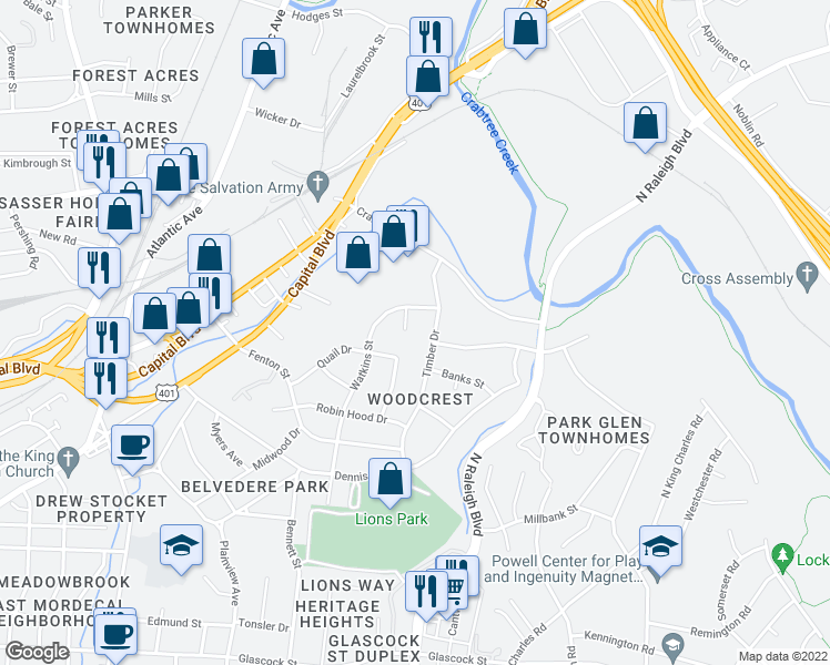map of restaurants, bars, coffee shops, grocery stores, and more near 2302 Lora Lane in Raleigh
