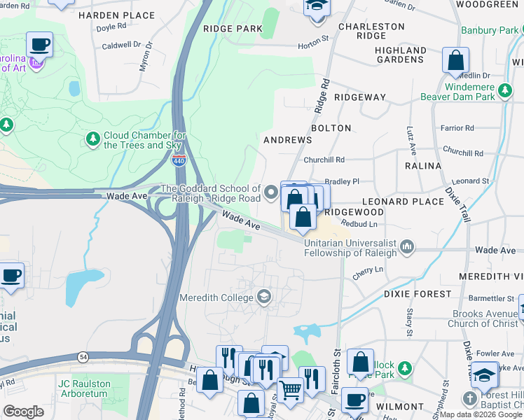 map of restaurants, bars, coffee shops, grocery stores, and more near 920 Marilyn Drive in Raleigh