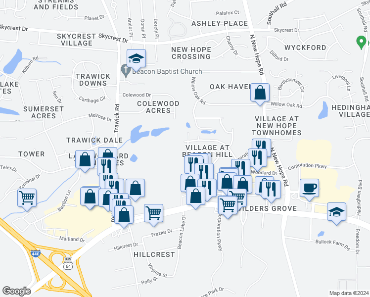 map of restaurants, bars, coffee shops, grocery stores, and more near 1605 Beacon Valley Drive in Raleigh