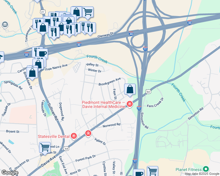 map of restaurants, bars, coffee shops, grocery stores, and more near 956 Ashland Avenue in Statesville