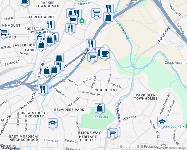 map of restaurants, bars, coffee shops, grocery stores, and more near 2209 Watkins Street in Raleigh