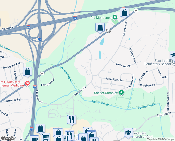 map of restaurants, bars, coffee shops, grocery stores, and more near 2099 Windrush Court in Statesville