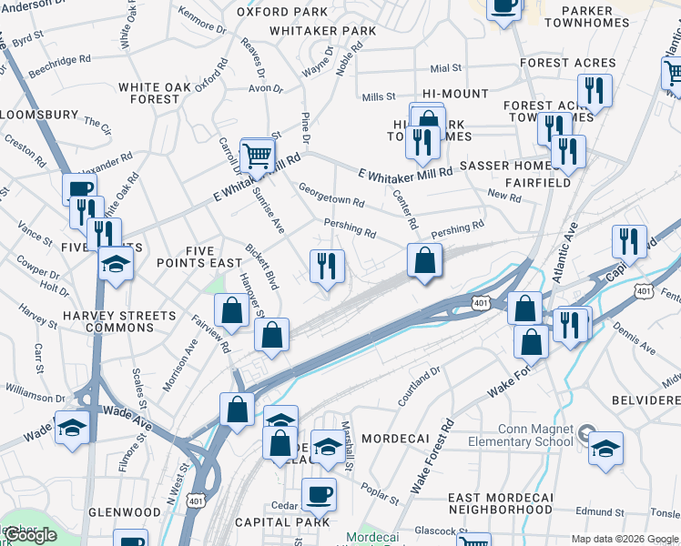 map of restaurants, bars, coffee shops, grocery stores, and more near 1512 Carson Street in Raleigh
