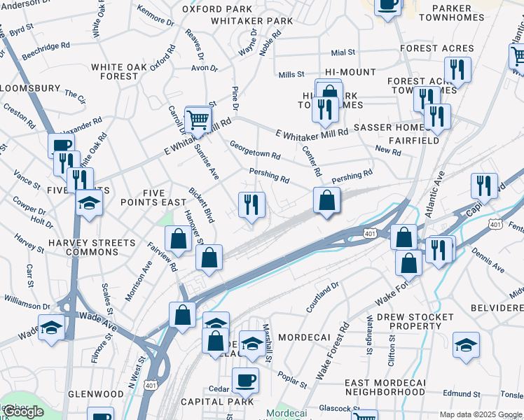 map of restaurants, bars, coffee shops, grocery stores, and more near in Raleigh