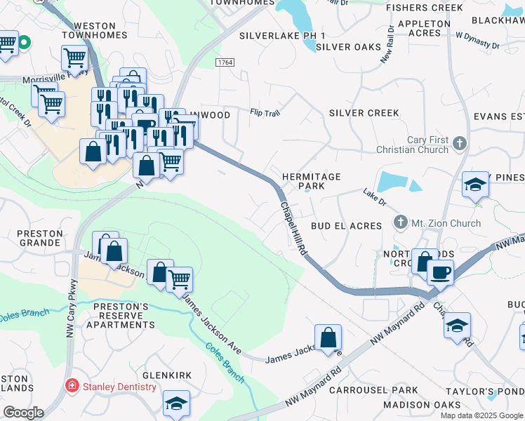 map of restaurants, bars, coffee shops, grocery stores, and more near 822 Rymark Court in Cary