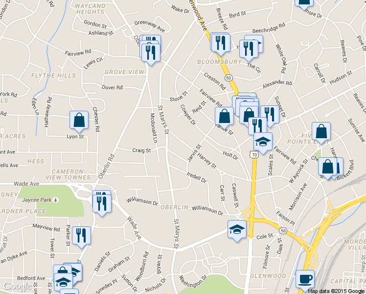 map of restaurants, bars, coffee shops, grocery stores, and more near 1107 Harvey St in Raleigh