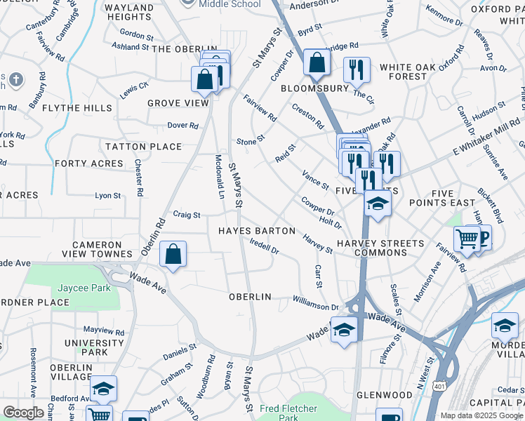 map of restaurants, bars, coffee shops, grocery stores, and more near 1107 Harvey Street in Raleigh
