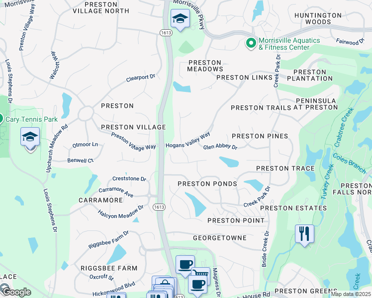 map of restaurants, bars, coffee shops, grocery stores, and more near 209 Preston Retreat Lane in Cary