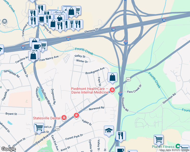 map of restaurants, bars, coffee shops, grocery stores, and more near 956 Ashland Avenue in Statesville