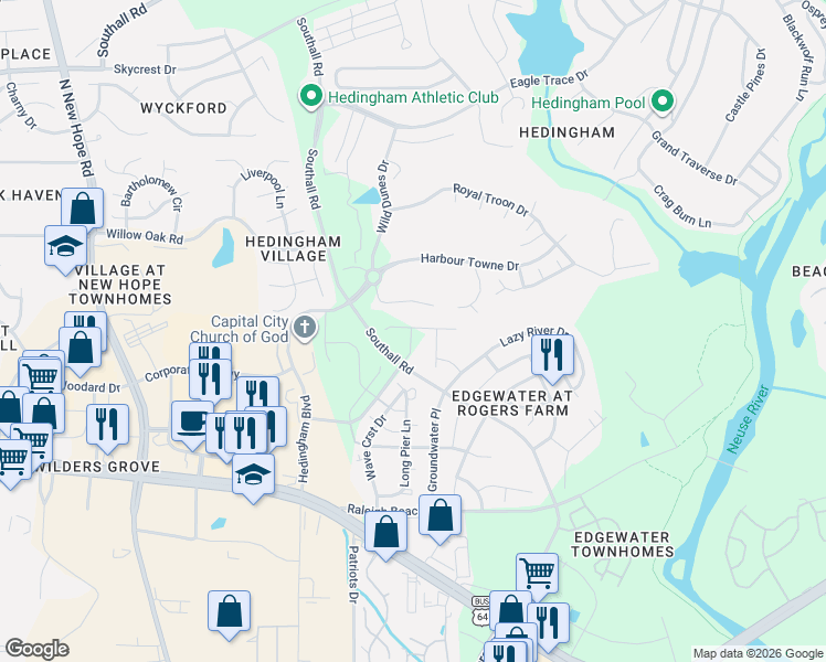 map of restaurants, bars, coffee shops, grocery stores, and more near 4948 Royal Adelaide Way in Raleigh
