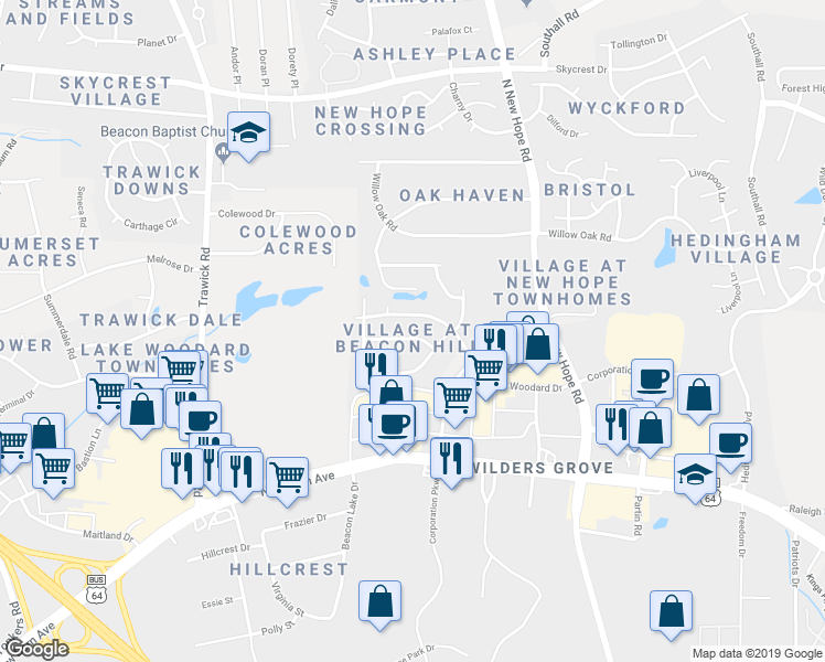 map of restaurants, bars, coffee shops, grocery stores, and more near 4232 Lake Woodard Drive in Raleigh