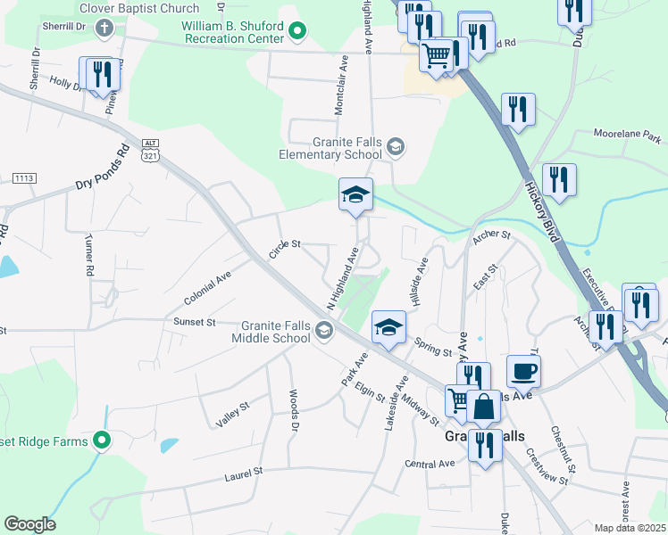 map of restaurants, bars, coffee shops, grocery stores, and more near 5 Circle Street in Granite Falls