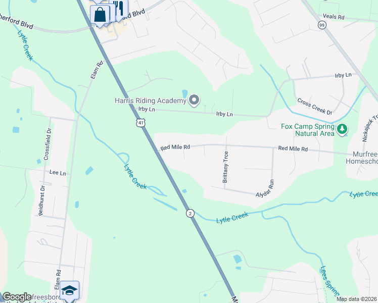 map of restaurants, bars, coffee shops, grocery stores, and more near 2109 Red Mile Road in Murfreesboro