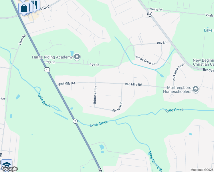 map of restaurants, bars, coffee shops, grocery stores, and more near 2216 Red Mile Road in Murfreesboro