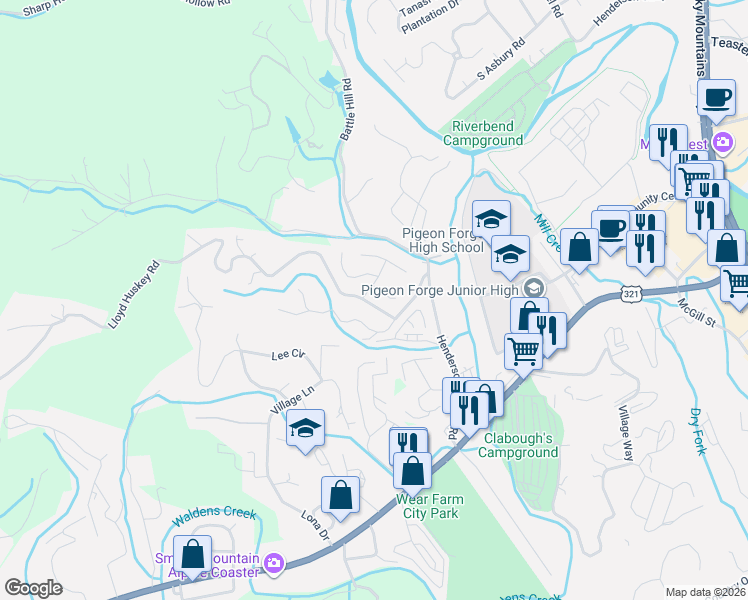 map of restaurants, bars, coffee shops, grocery stores, and more near 2708 Cobblestone Drive in Pigeon Forge