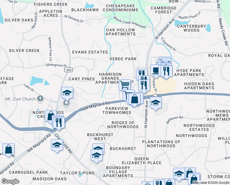 map of restaurants, bars, coffee shops, grocery stores, and more near 3100 Grande Valley Circle in Cary