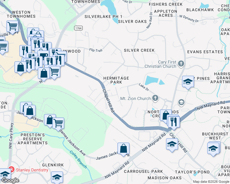 map of restaurants, bars, coffee shops, grocery stores, and more near 9484 Chapel Hill Road in Cary