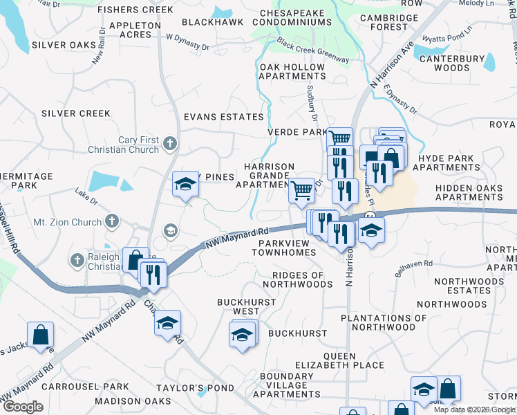 map of restaurants, bars, coffee shops, grocery stores, and more near 134 Grande Meadow Way in Cary