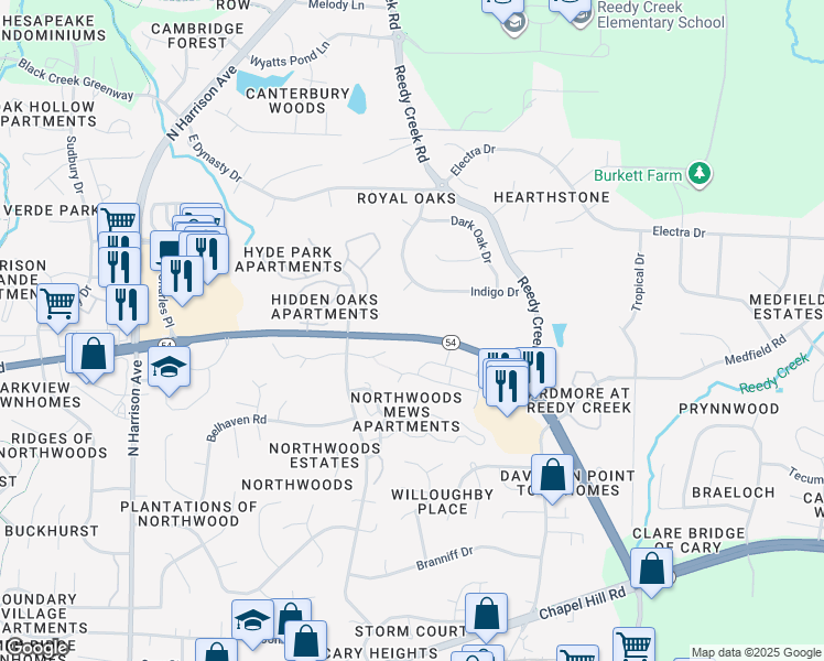 map of restaurants, bars, coffee shops, grocery stores, and more near 707 Northeast Maynard Road in Cary