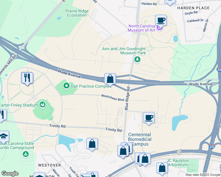 map of restaurants, bars, coffee shops, grocery stores, and more near 4020 Westchase Boulevard in Raleigh
