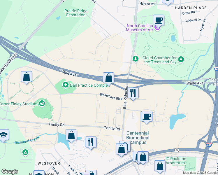 map of restaurants, bars, coffee shops, grocery stores, and more near 4020 Westchase Boulevard in Raleigh