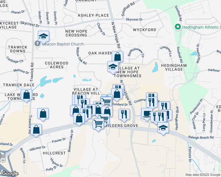 map of restaurants, bars, coffee shops, grocery stores, and more near in Wake County