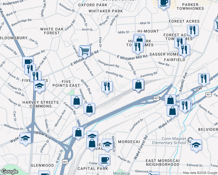 map of restaurants, bars, coffee shops, grocery stores, and more near 1512 Carson Street in Raleigh