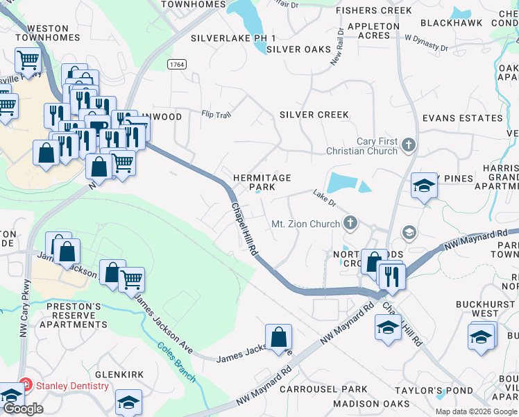 map of restaurants, bars, coffee shops, grocery stores, and more near 9484 Chapel Hill Road in Cary