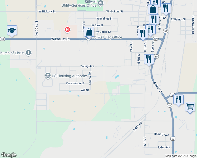 map of restaurants, bars, coffee shops, grocery stores, and more near 1050 Sassafras Street in Stilwell