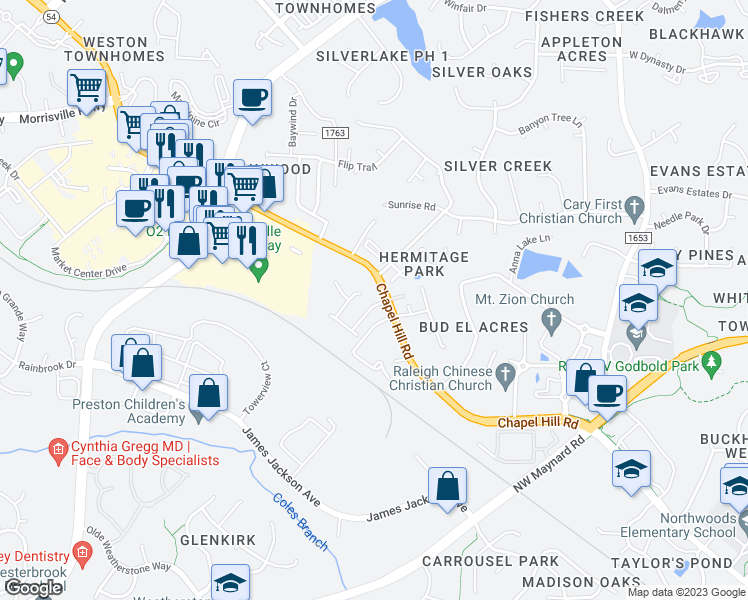 map of restaurants, bars, coffee shops, grocery stores, and more near 706 Lampwick Lane in Cary