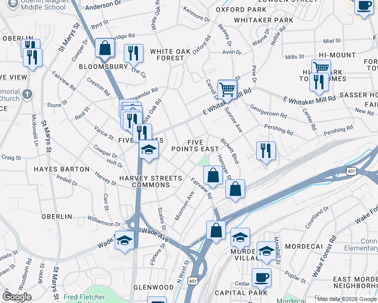 map of restaurants, bars, coffee shops, grocery stores, and more near 215 Duncan Street in Raleigh