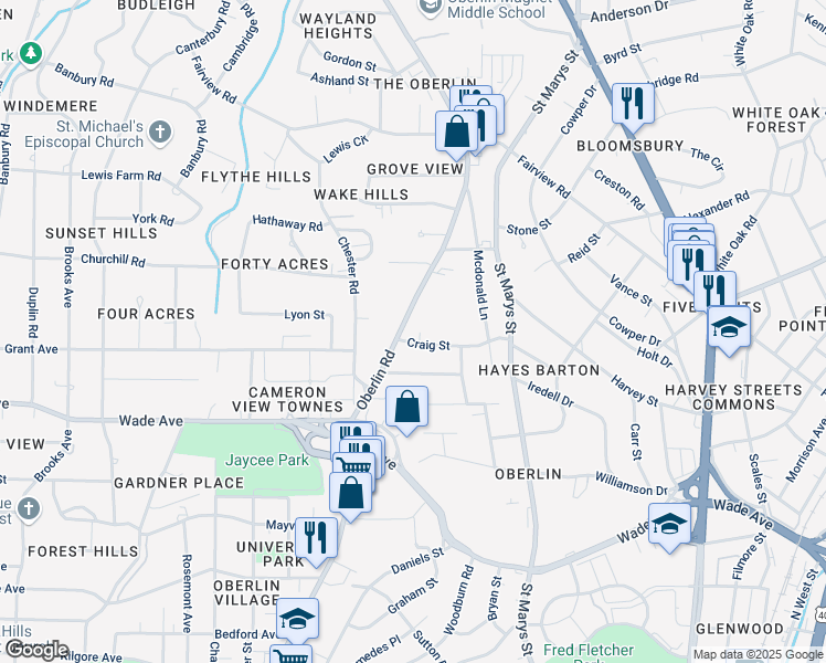 map of restaurants, bars, coffee shops, grocery stores, and more near 1612 Oberlin Road in Raleigh