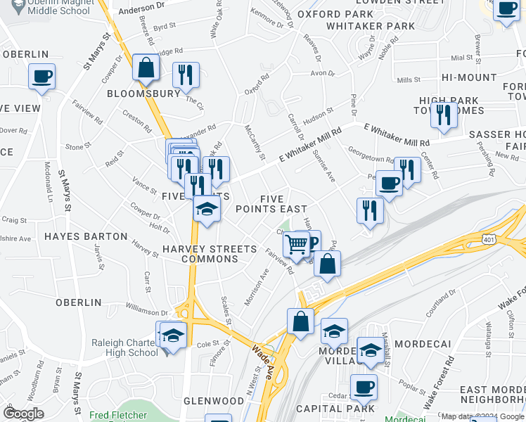 map of restaurants, bars, coffee shops, grocery stores, and more near 215 Duncan Street in Raleigh