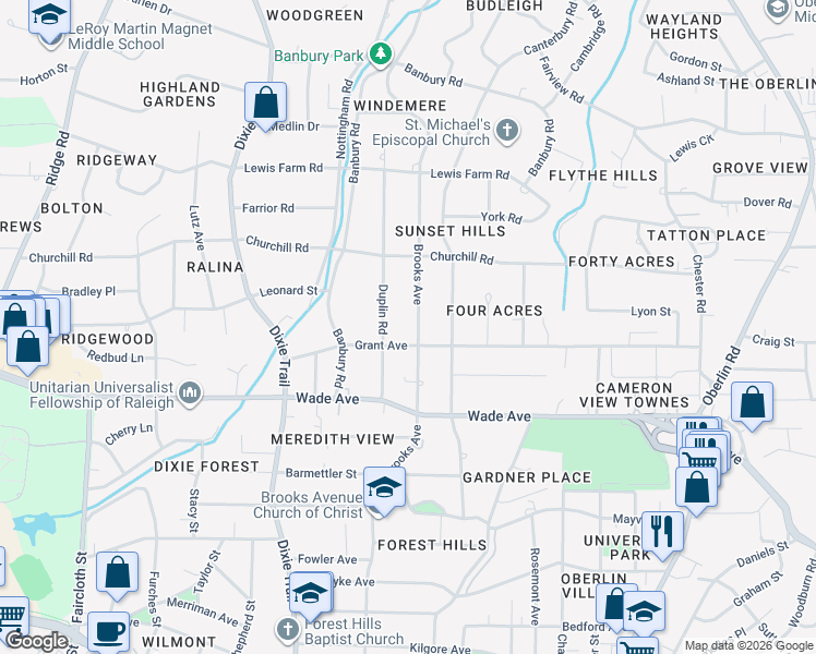 map of restaurants, bars, coffee shops, grocery stores, and more near 1312 Duplin Road in Raleigh