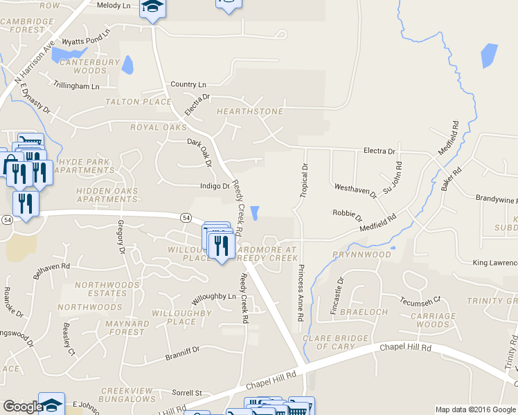 map of restaurants, bars, coffee shops, grocery stores, and more near 804 Reedy Creek Road in Cary