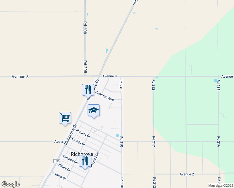 map of restaurants, bars, coffee shops, grocery stores, and more near 20967 Hernandez Avenue in Richgrove
